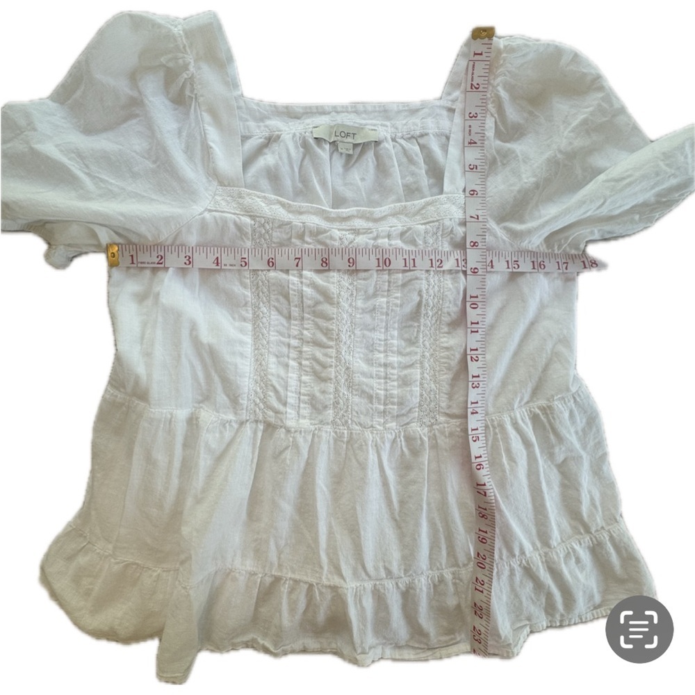 LOFT White Cotton Short Puff Sleeve Crochet Details Boho Peasant Tiered Top M - Picture 9 of 9